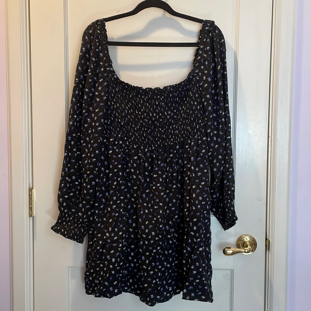Wild Fable Shirred Black Floral Peasant Dress